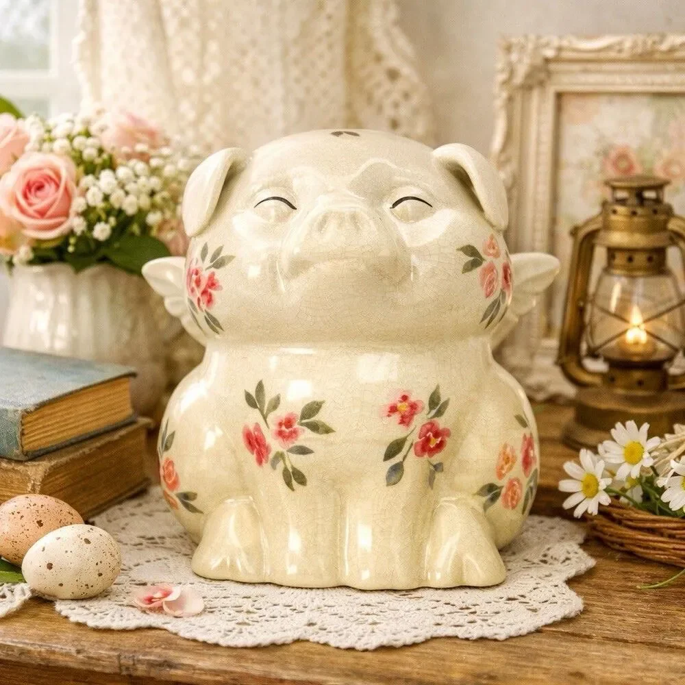 VTG. FLYING ANGEL PIG NIGHT LIGHT RED&PINK FLORAL CRACKLED FINISH WORKS GREAT.